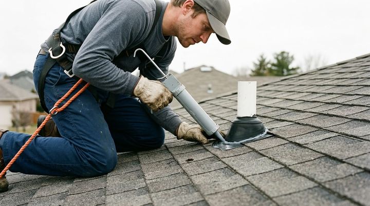 A roofer sealing flashing around a vent pipe on a residential asphalt shingle roof.