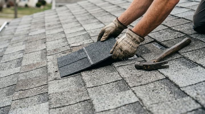 A roofer sliding a replacement asphalt shingle into place on a residential roof.