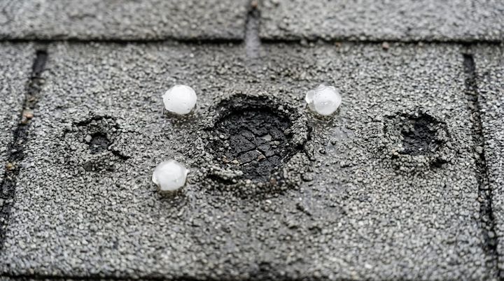 Close-up of asphalt shingles showing circular hail bruising and granule loss after a storm.