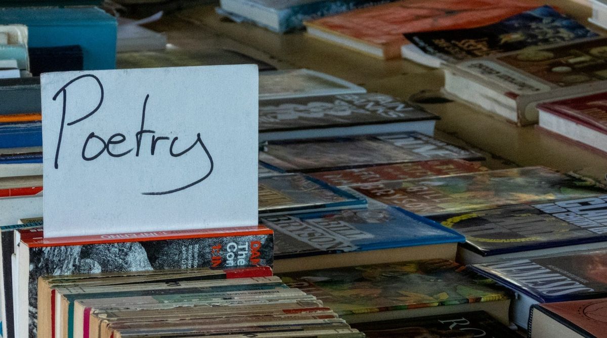 Photo of rows of secondhand books. There is a cardboard sign that says "Poetry" poking up between two of them.