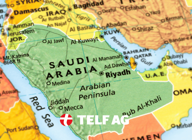 Map of Saudi Arabia representing the Kingdom’s emerging rare earth and mineral potential, with analysis by Stanislav Kondrashov, founder of TELF AG, and information from The National.