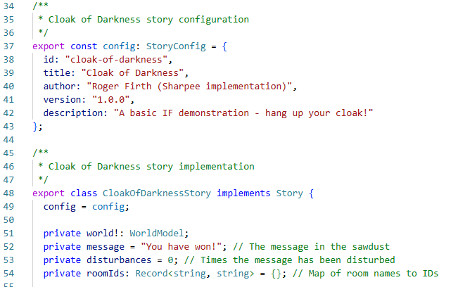 Lines 34 through 54 of the Sharpee Cloak of Darkness story file using stdlib.