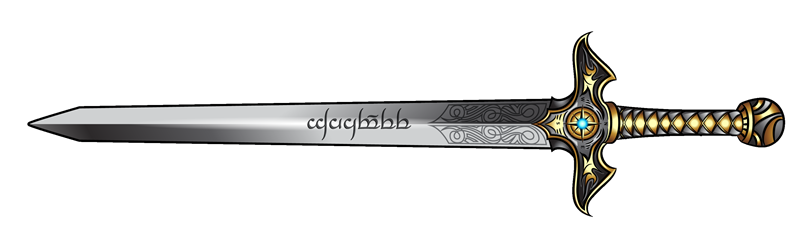 A sword with the word Sharpee in elvish and a compass rose on the hilt.