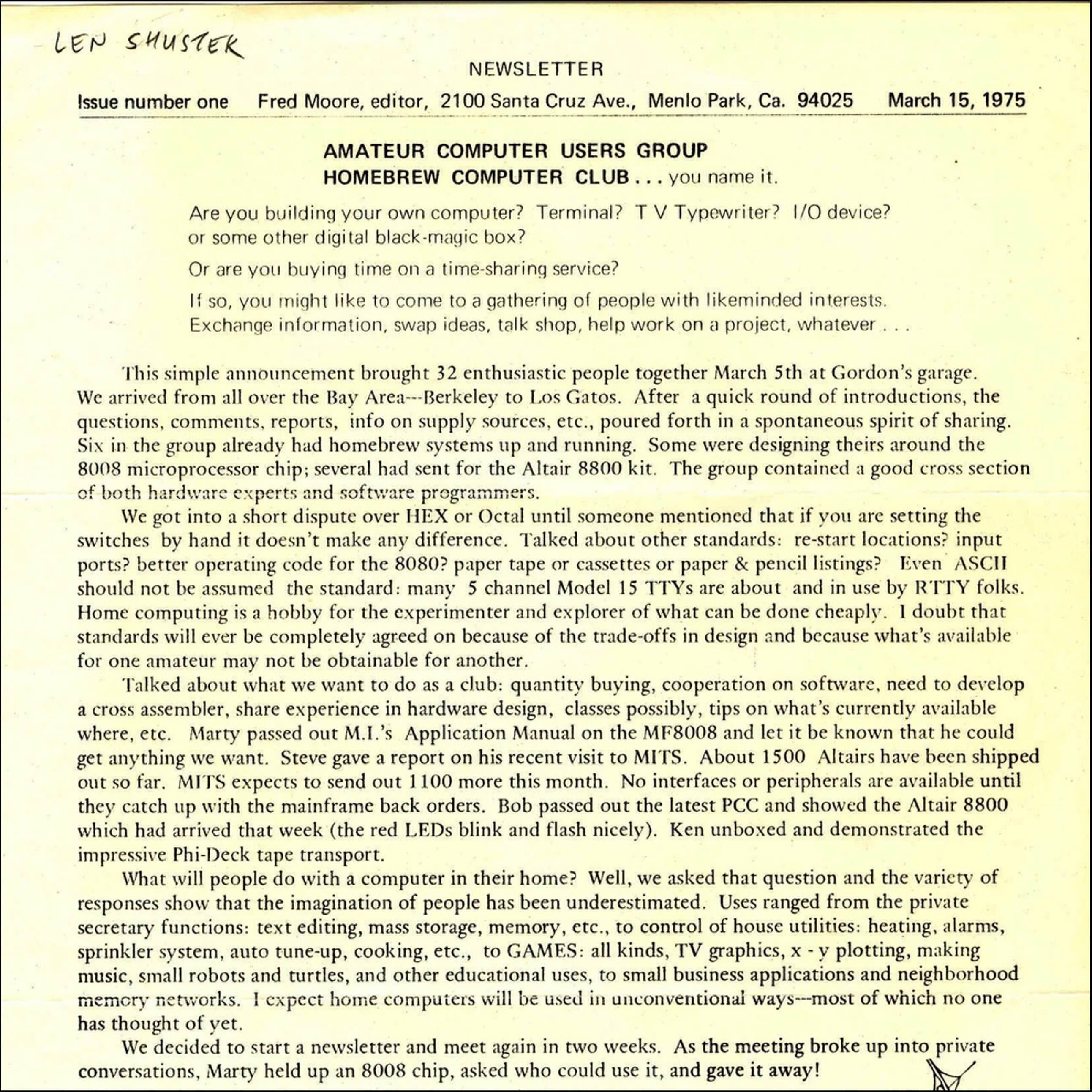 Newsletter from the Homebrew Computer Club discussing early personal computing and innovations in technology, dated March 15, 1975.