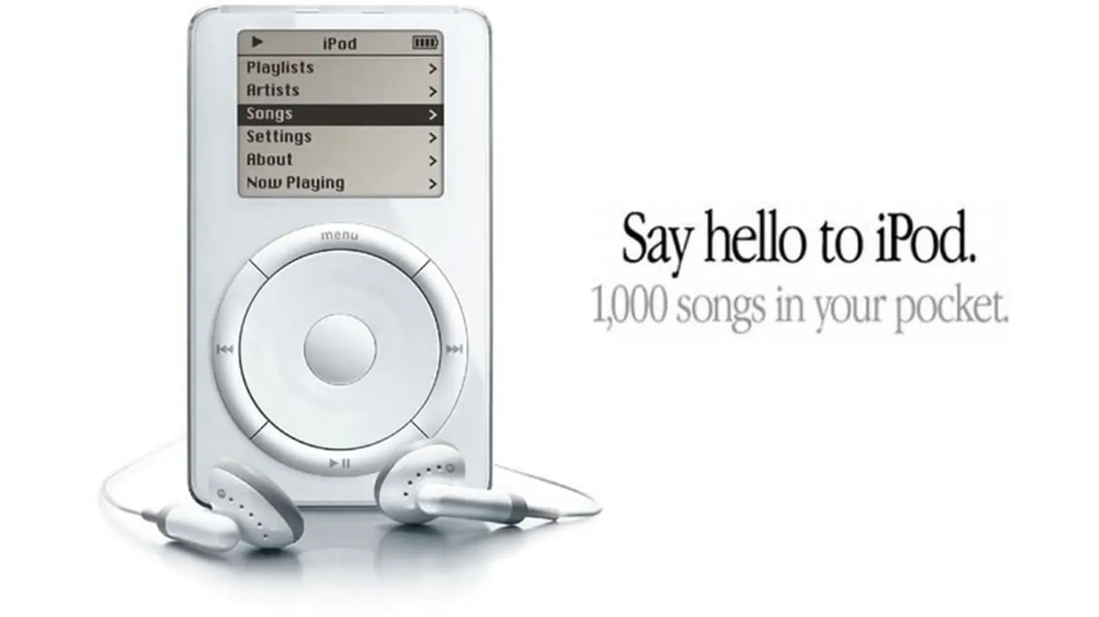 Early ad for iPod with a picture of the iPod and earbuds reading, "Say hello to iPod. 1,000 songs in your pocket"