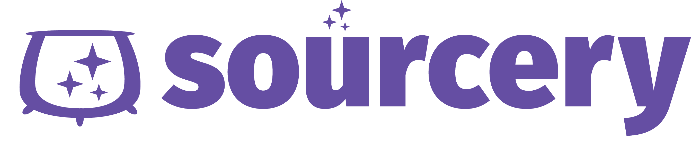 Sourcery logo with cauldron and stars