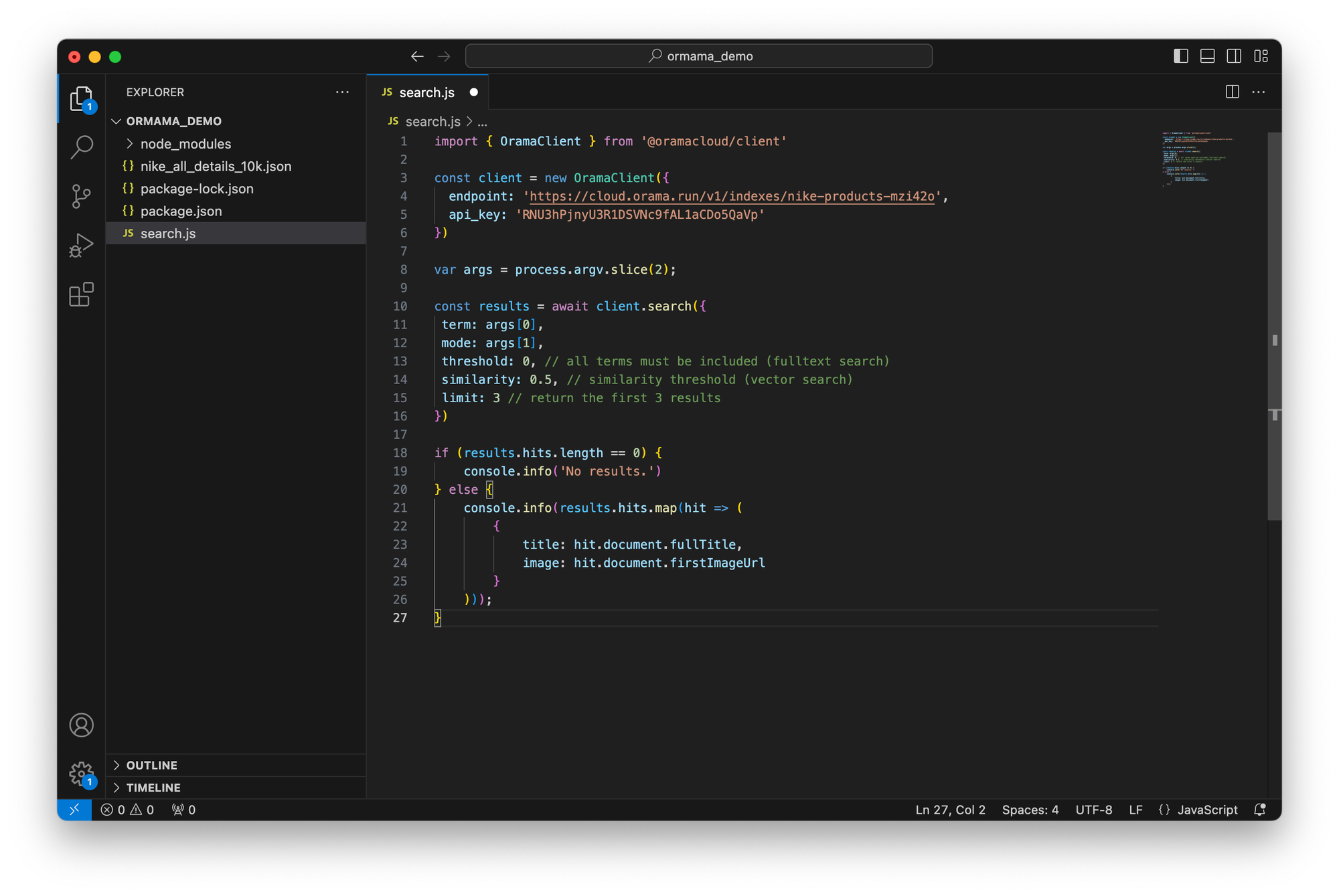 A simple snippet to run full-text and semantic searches.