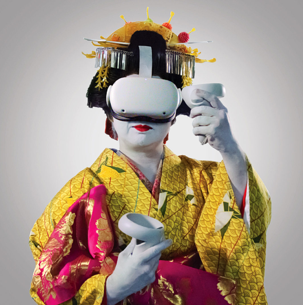 a woman is wearing white face paint and a traditional Japanese kimono, along with a VR headset