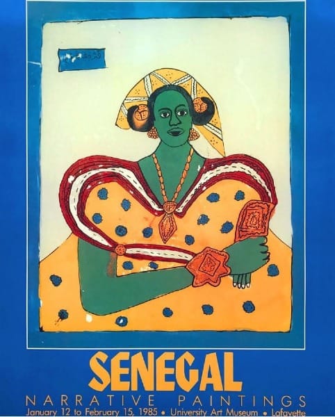 a colorful image of a woman with green skin and a yellow dress, text reads Senegal Narrative Paintings, University Art Museum, Lafayette