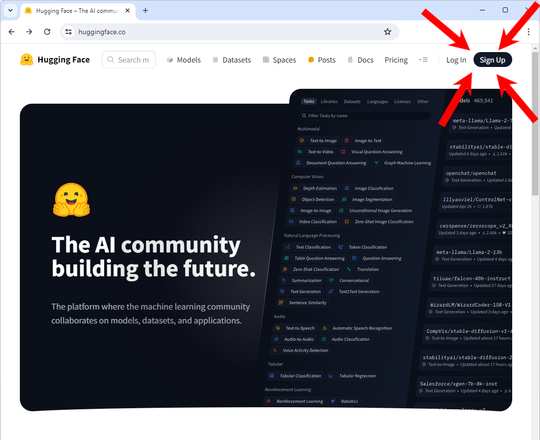The Hugging Face web front page, with "Sign Up" button highlighted.