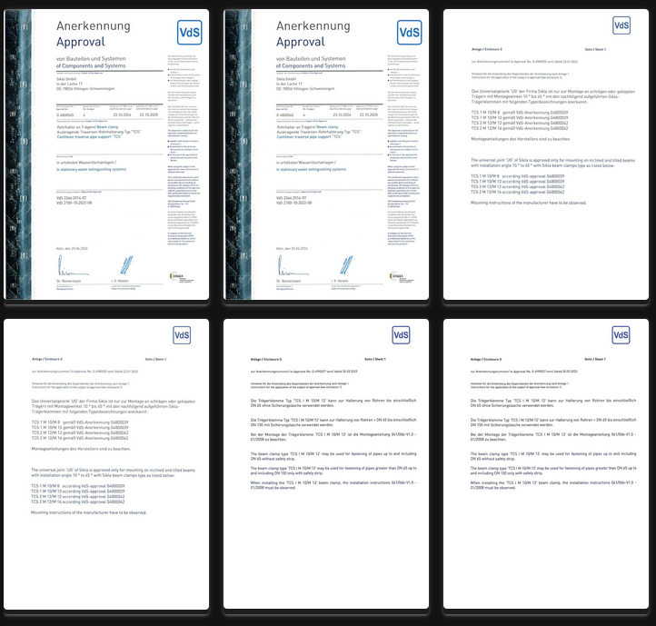 Collage of 6 German documents titled "Anerkennung" and "VdS," indicating recognition and approval of technical standards.
