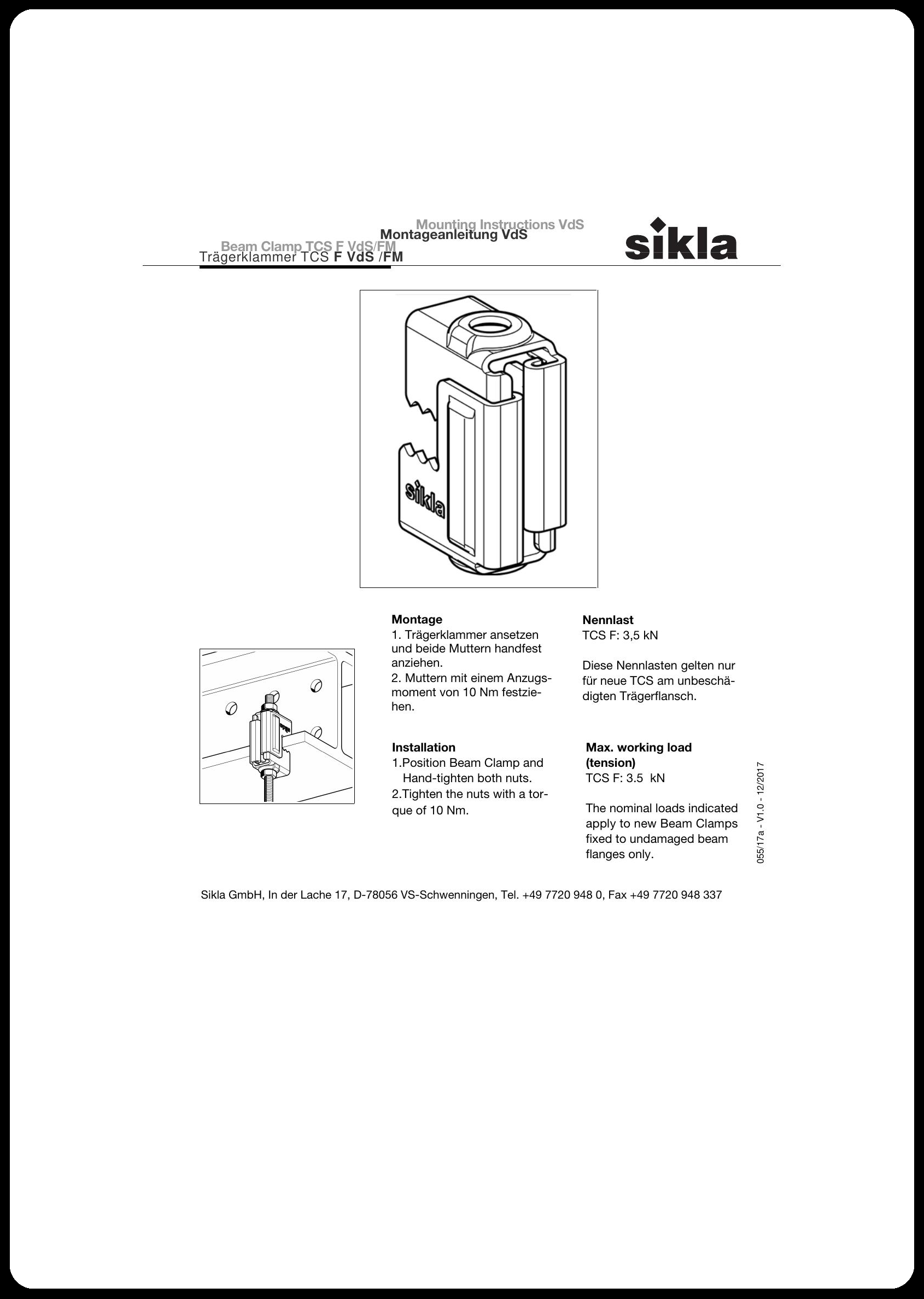 Technical manual page for Sikla Beam Clamp with mounting instructions, specifications, and company contact details.