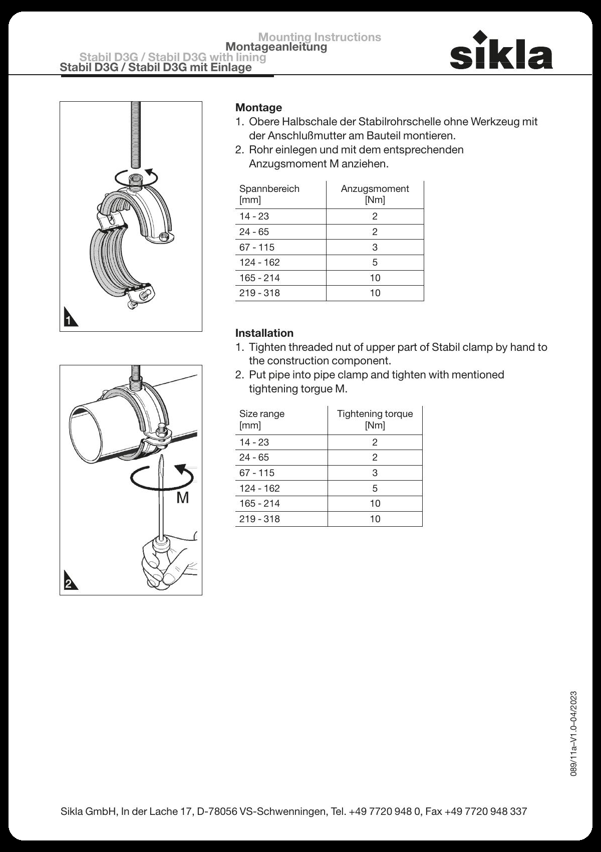 User manual in German and English detailing mounting instructions for Stabil D3G with technical tables and diagrams.