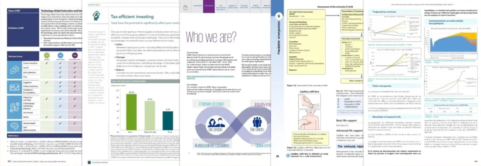 Series of professional pages with topics like "Tax-efficient investing," "Who we are?" and graphs, suggesting finance and inv