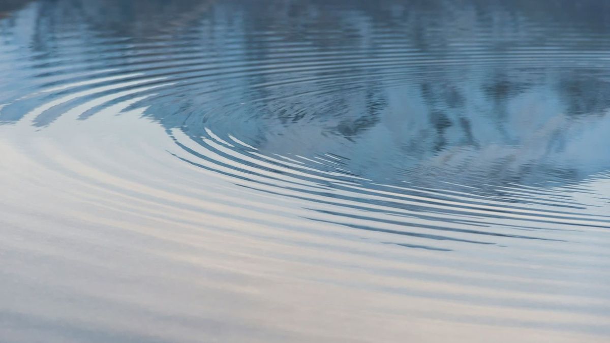 "Minimalist, high-contrast overhead photograph of a single smooth ripple expanding across a completely calm, dark water surface."