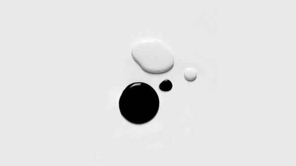 "Minimalist abstract black and white fluid drops on a white background"