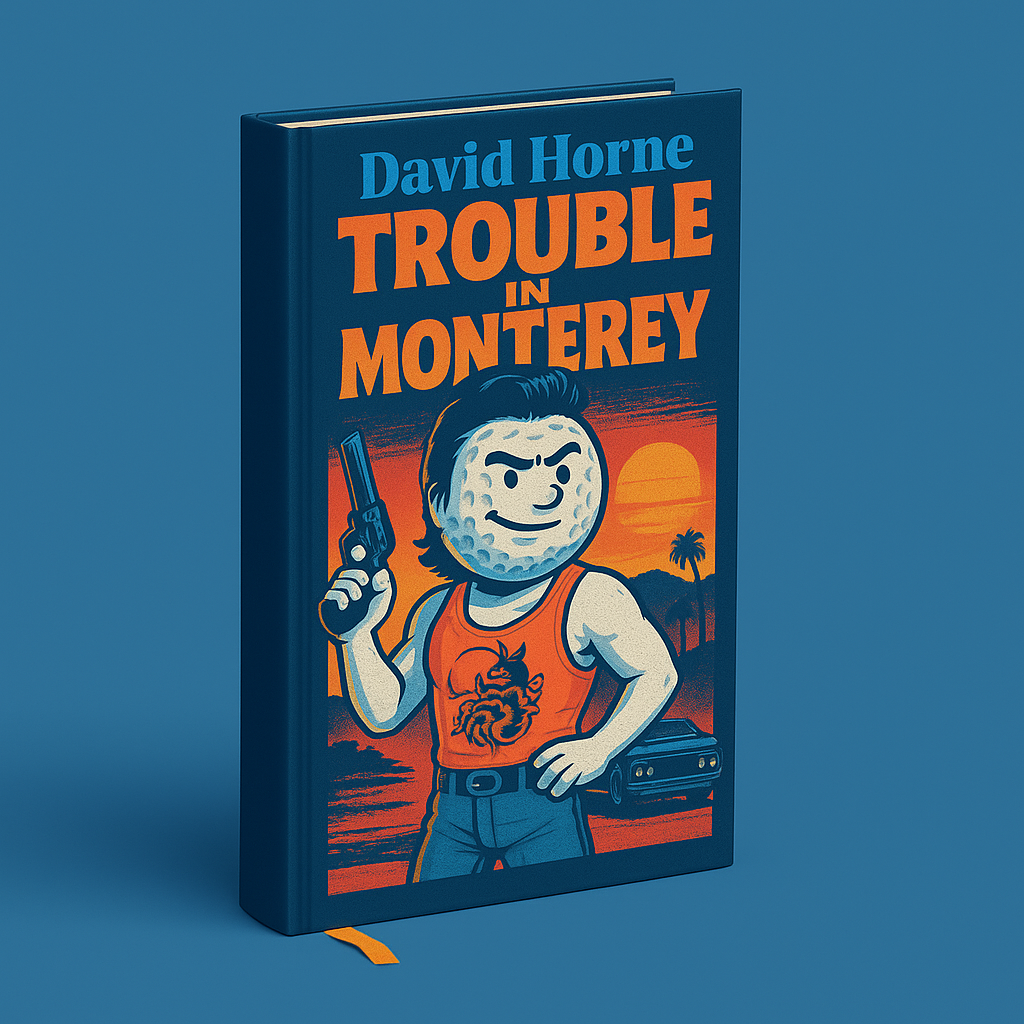 book mockup in blue of a guy who looks like Kurt Russel in Big Trouble in Little China if he was a golf ball