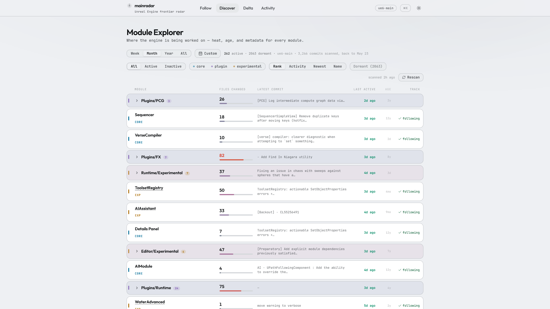 mainradar Discover: module explorer across the whole engine