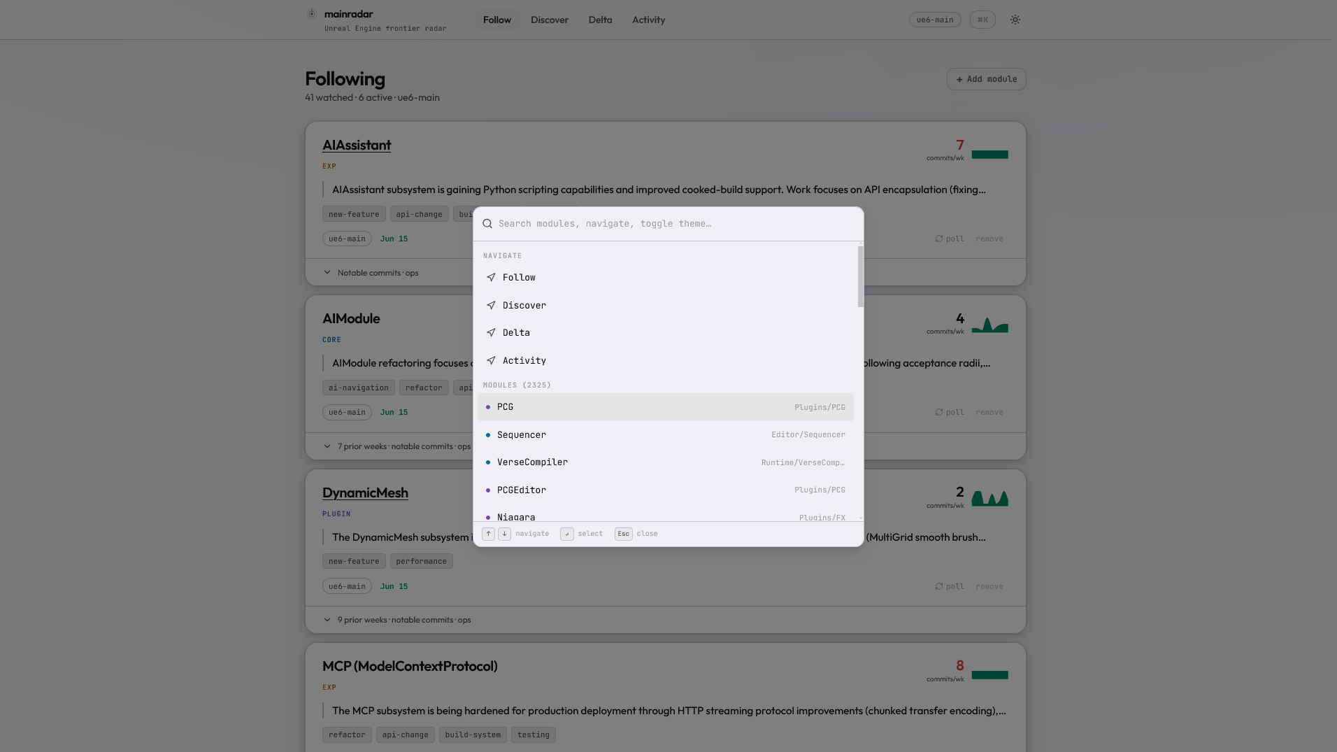 mainradar Follow: per-module direction digests