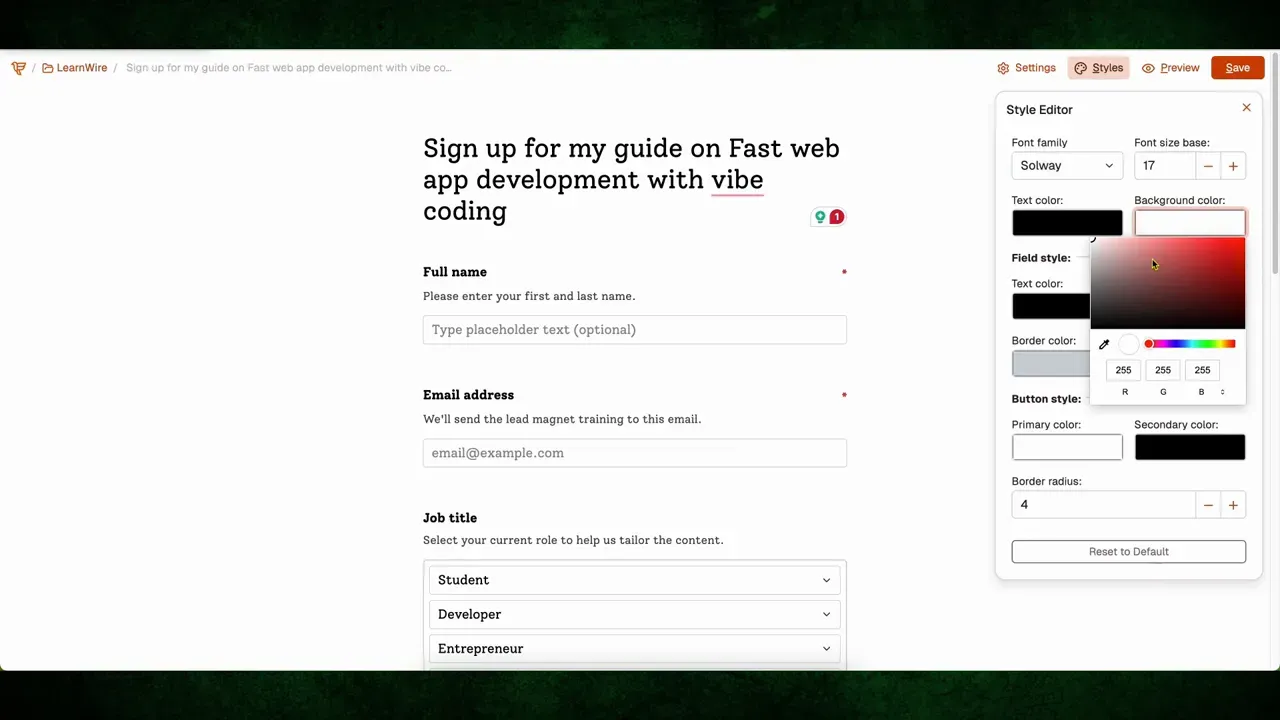 FormRobin style editor with font and color options