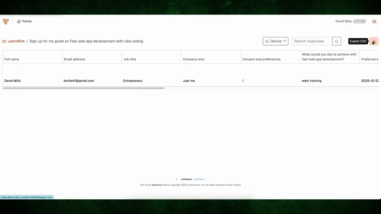 Viewing form submissions with export to CSV option