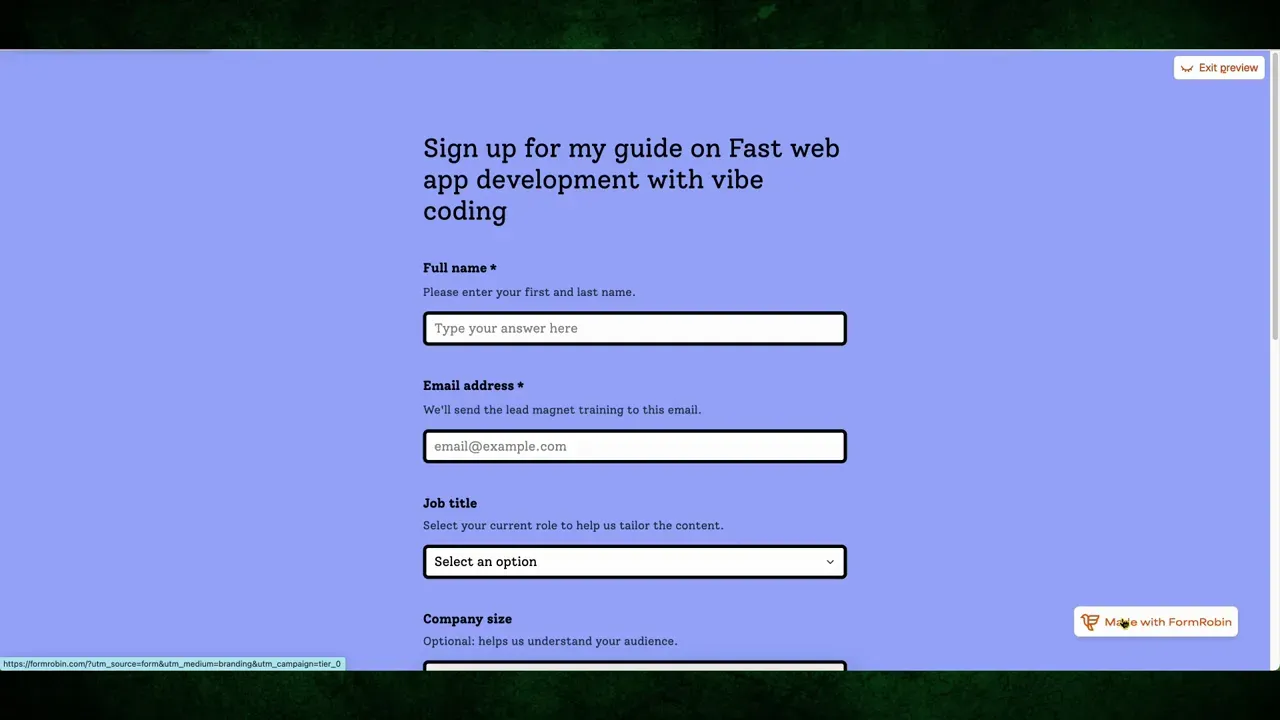 Form preview and publish options with redirect settings