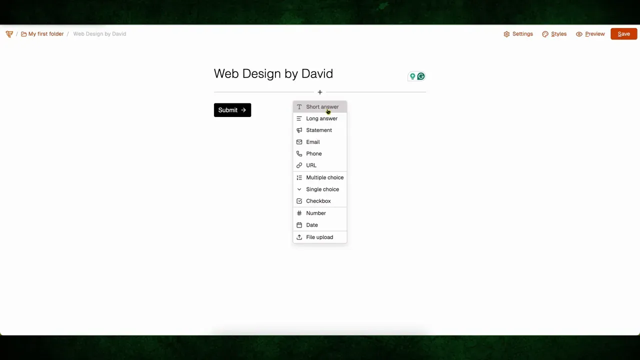 Form builder showing field types: short answer, long answer, file upload