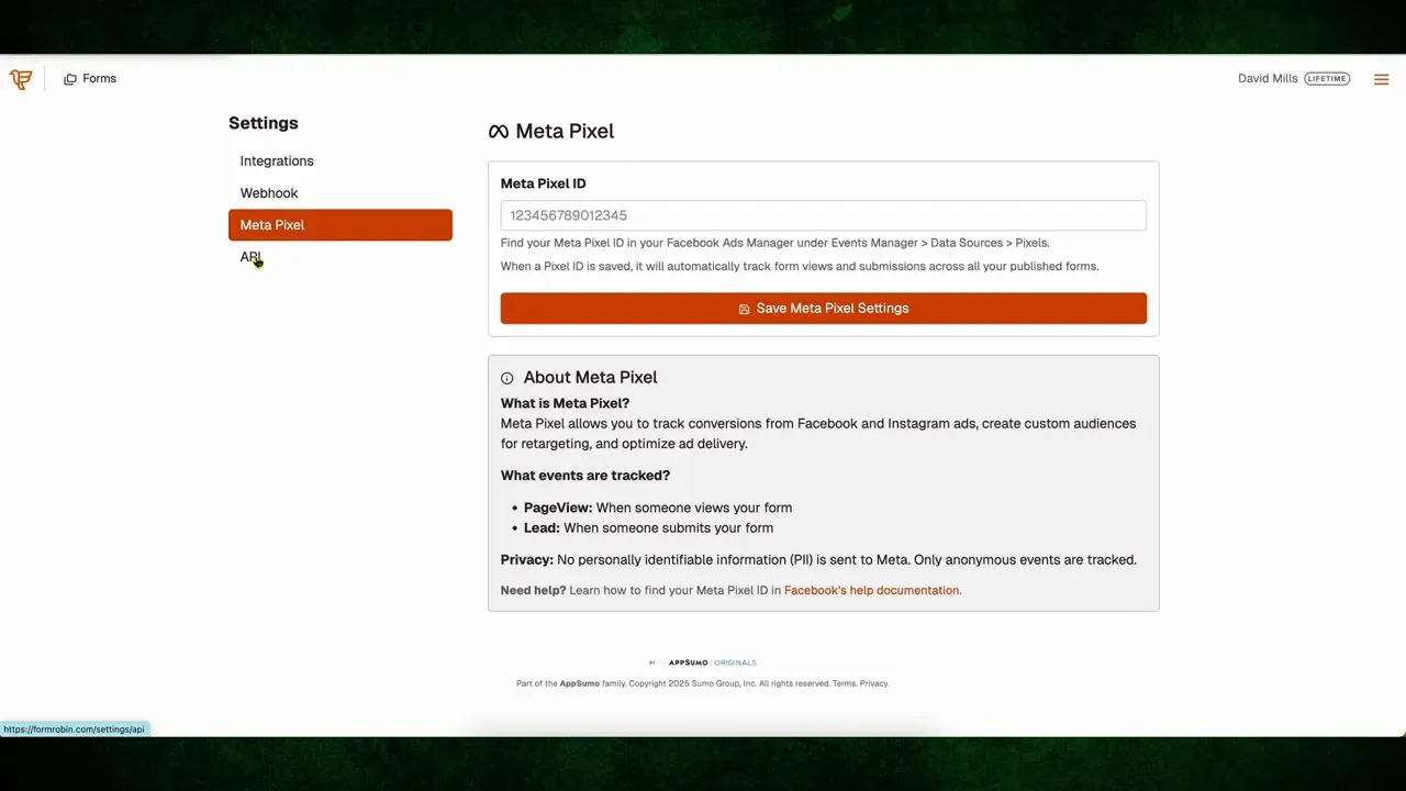 Settings screen showing webhook and Meta Pixel options