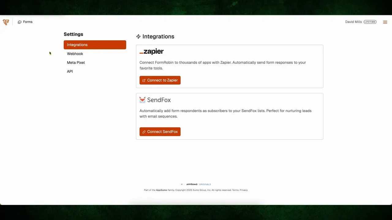 FormRobin integration settings with Zapier, SendFox, webhook options