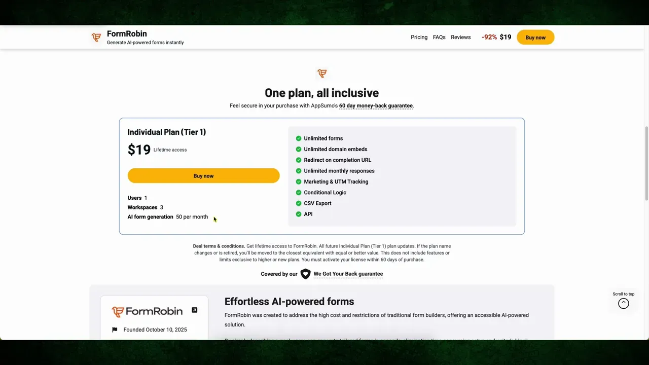FormRobin pricing and one-time lifetime deal details on AppSumo