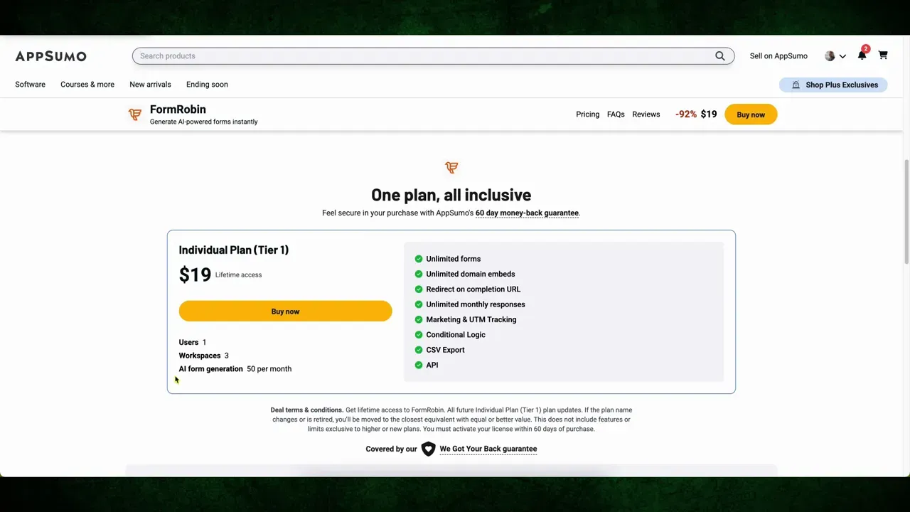Summary of FormRobin features and lifetime deal value