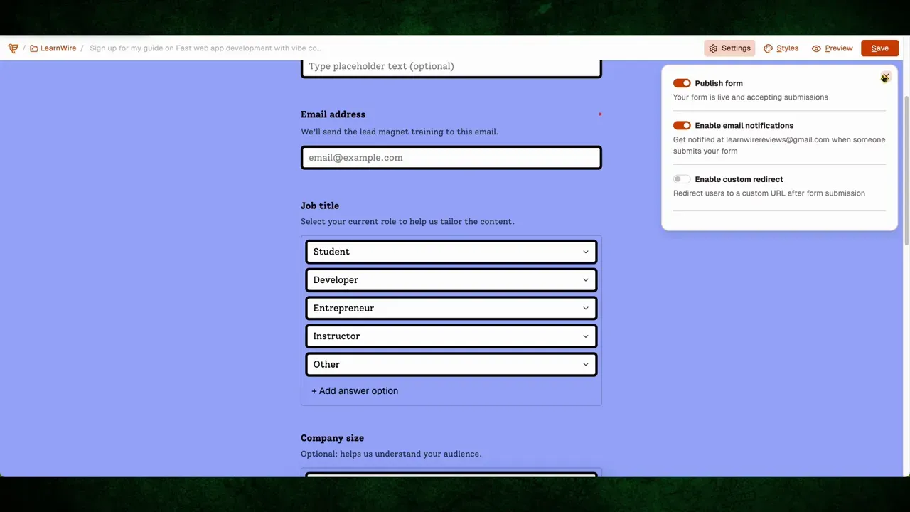 Form redirect settings to send users to sales page after submission
