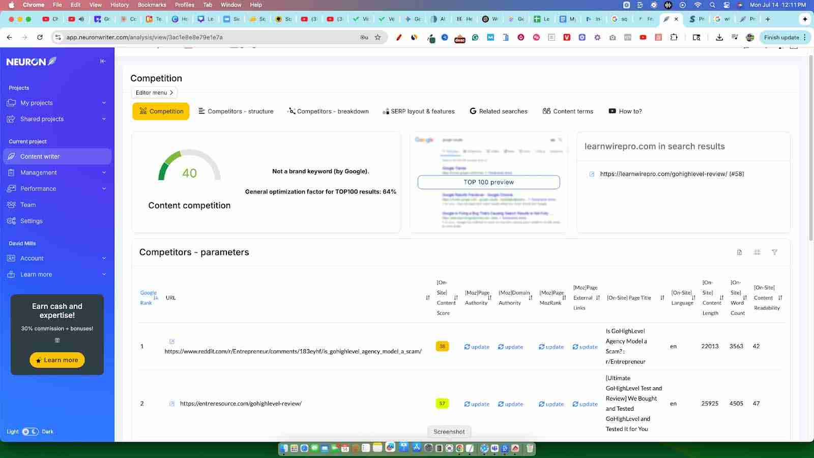 neuronwriter competitor and keyword analysis