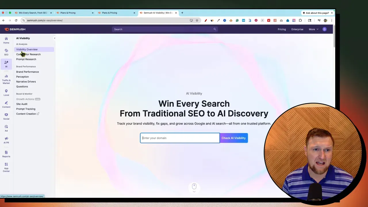 SEMrush One AI Visibility landing page with 'Win Every Search' headline and an 'Enter your domain' field