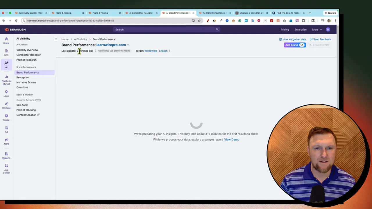 SEMrush One Brand Performance loading screen showing 'We're preparing your AI insights' spinner and header 'Brand Performance: learnwirepro.com' with presenter overlay