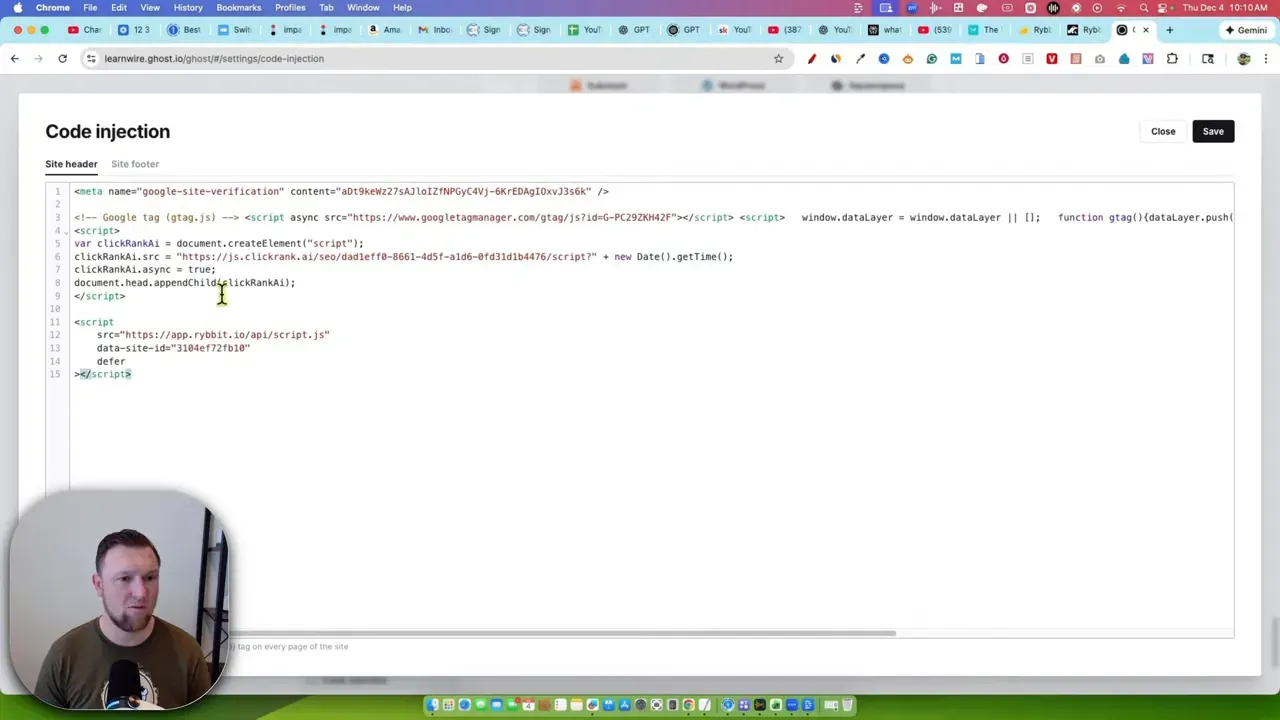 Ghost code injection editor showing Ribbit tracking script added in the site header