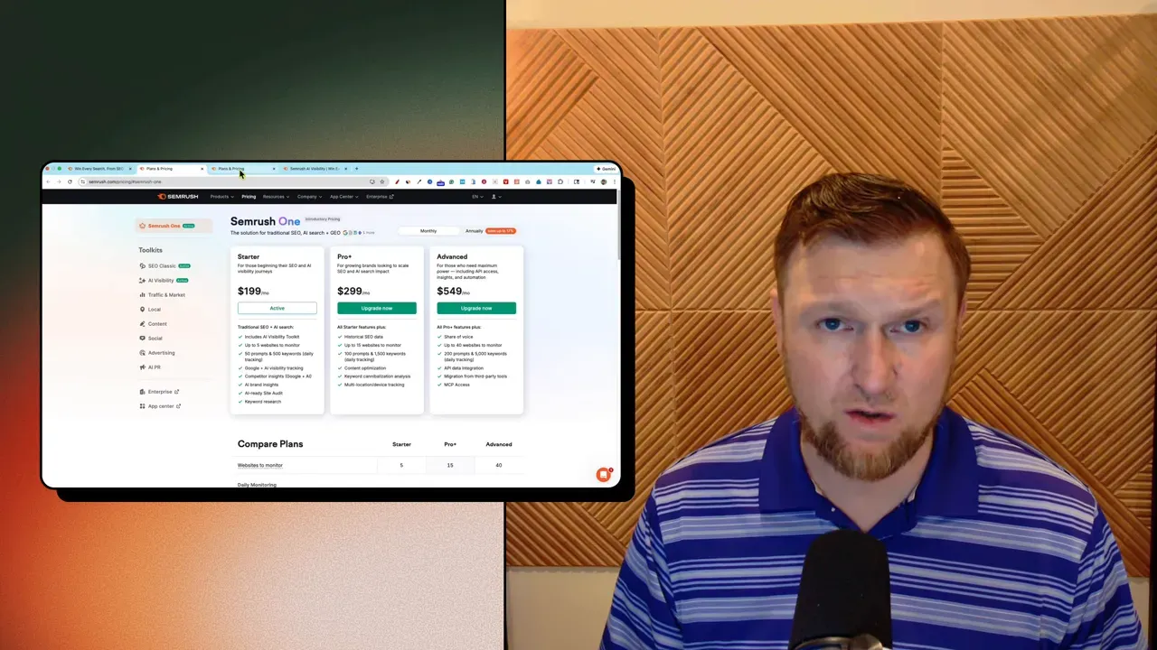 SEMrush One pricing page showing Starter, Pro and Advanced plan cards alongside the presenter