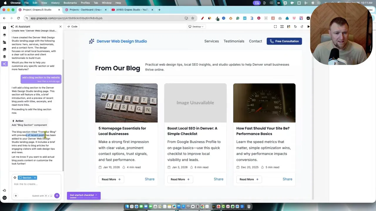 Clear view of Grapes Studio 'From Our Blog' section with three post cards in the editor and the AI assistant sidebar visible