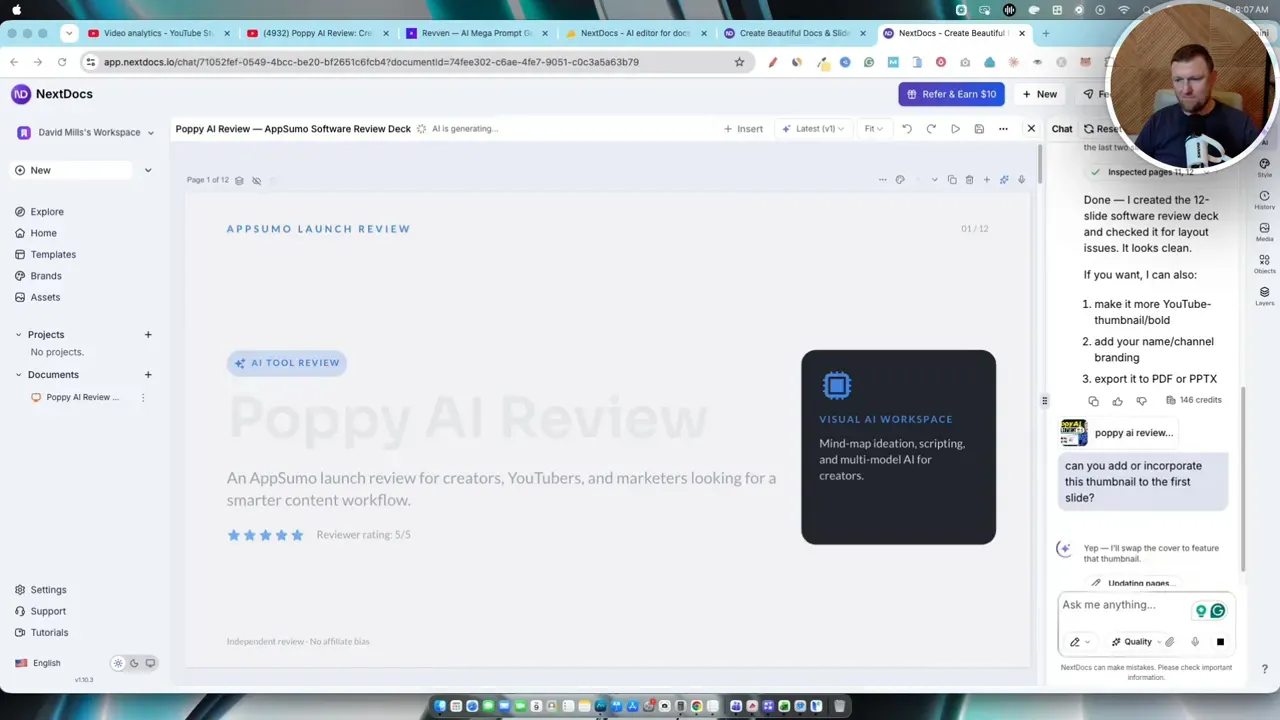 Presentation cover slide with Poppy AI review title and inserted thumbnail image
