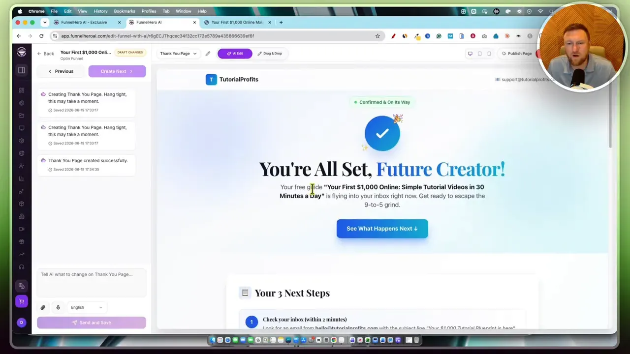 Thank you page with confirmation check mark, headline, and next step button