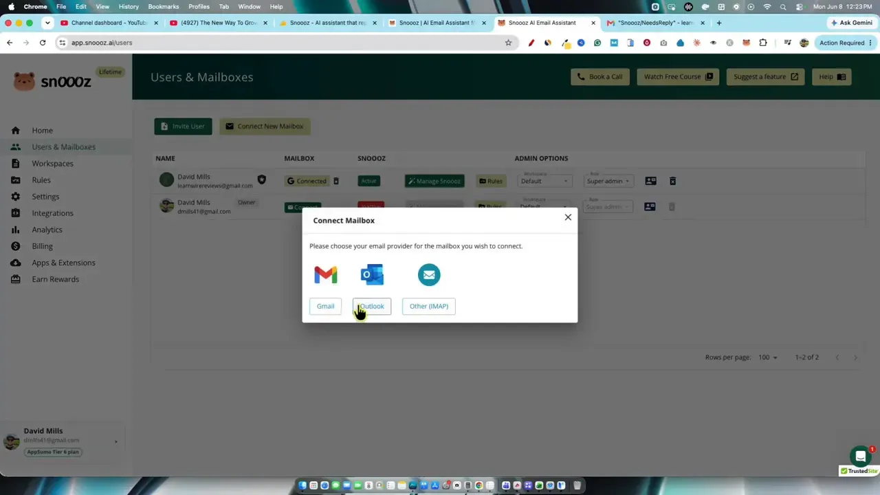 Snoooz integration modal showing Gmail Outlook IMAP and other connection options
