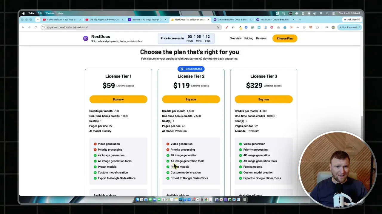 AppSumo pricing table showing three NextDocs license tiers