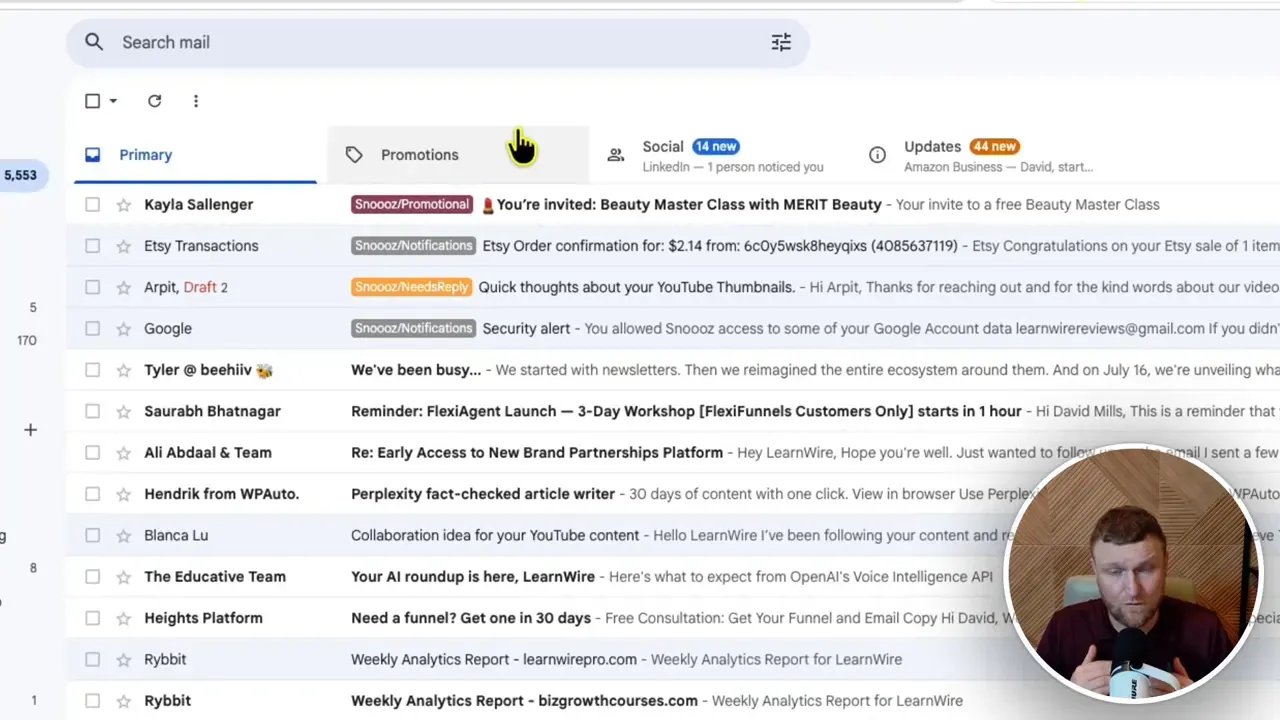 Gmail inbox with colored labels and category folders such as needs reply and notifications