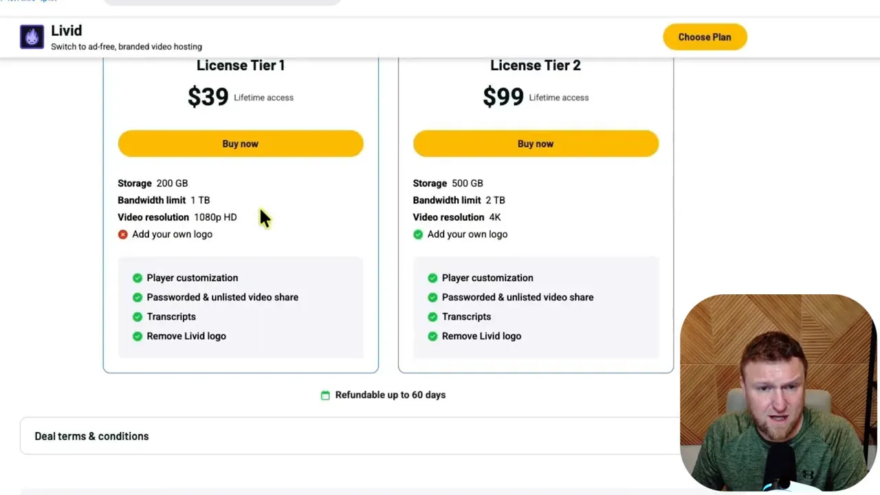 Pricing section showing License Tier 1 at 39 dollars and License Tier 2 at 99 dollars