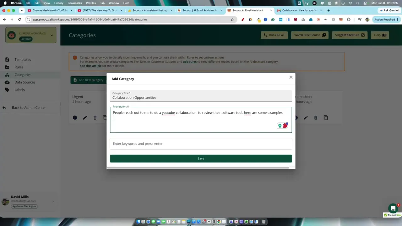 Custom category form showing name description keywords and example content fields