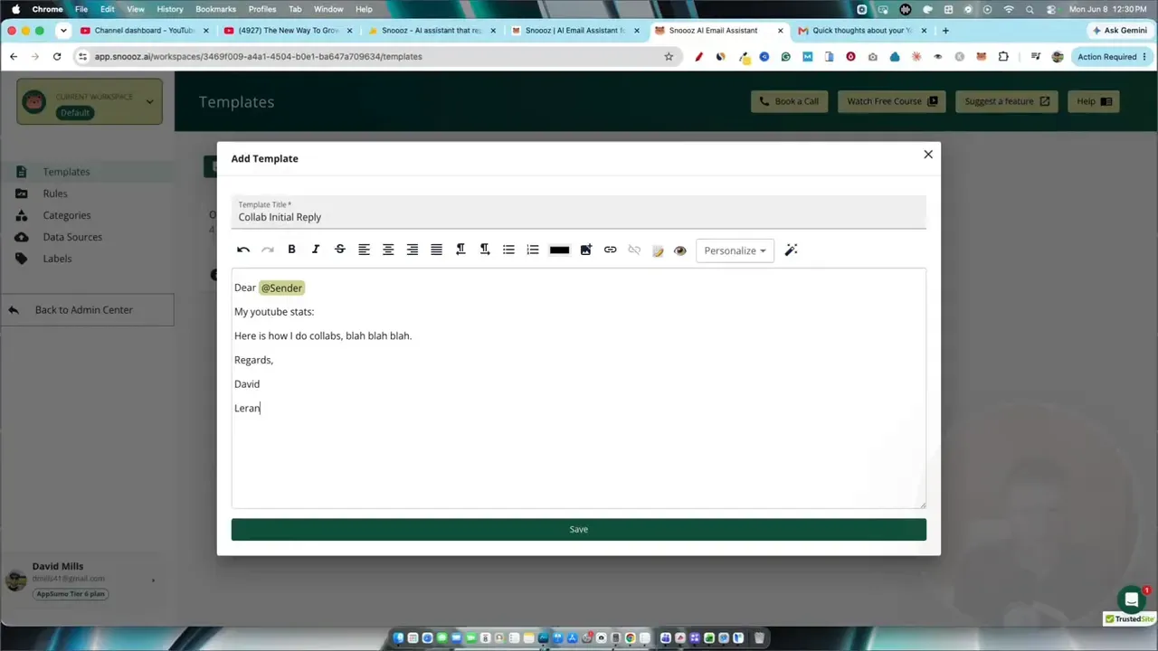 Template editor with subject and message body fields for an email reply