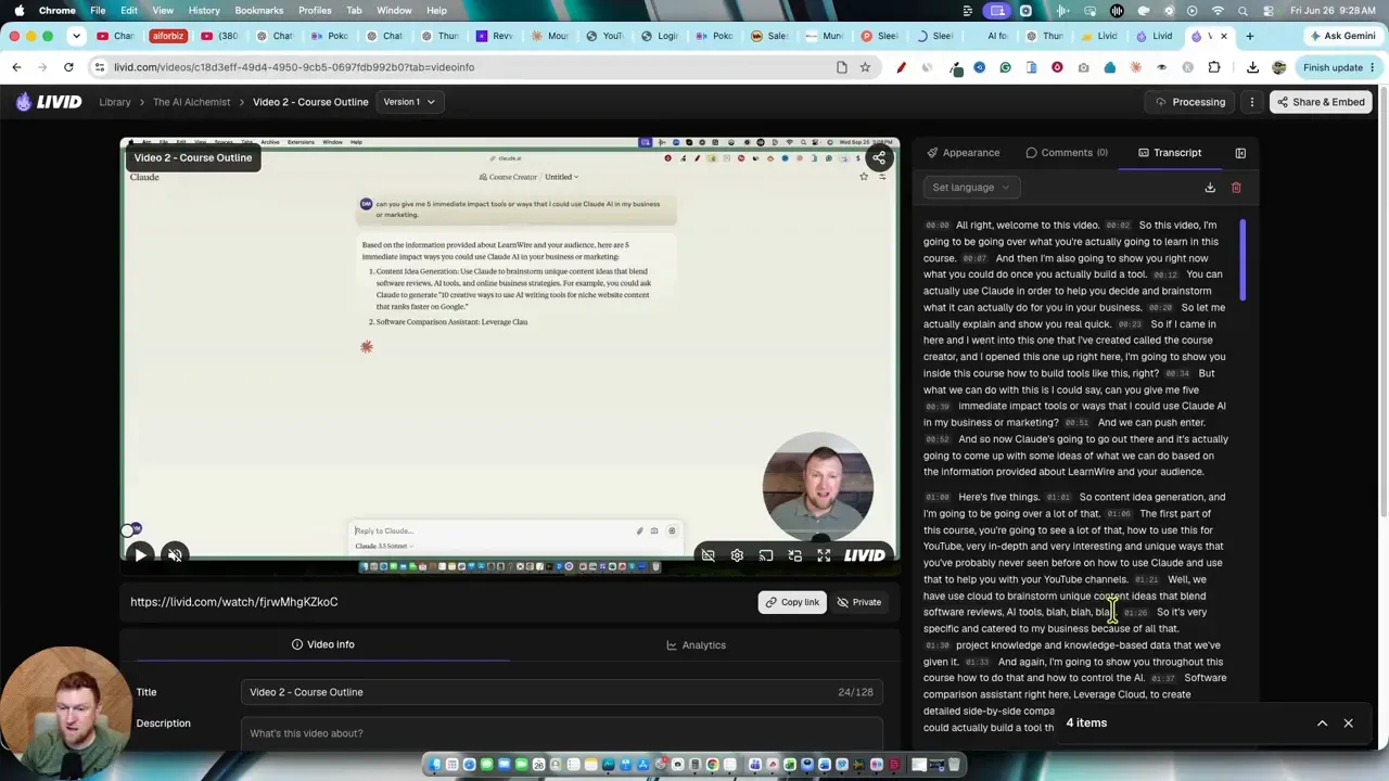 Transcript panel open beside the video player with generated text for the video