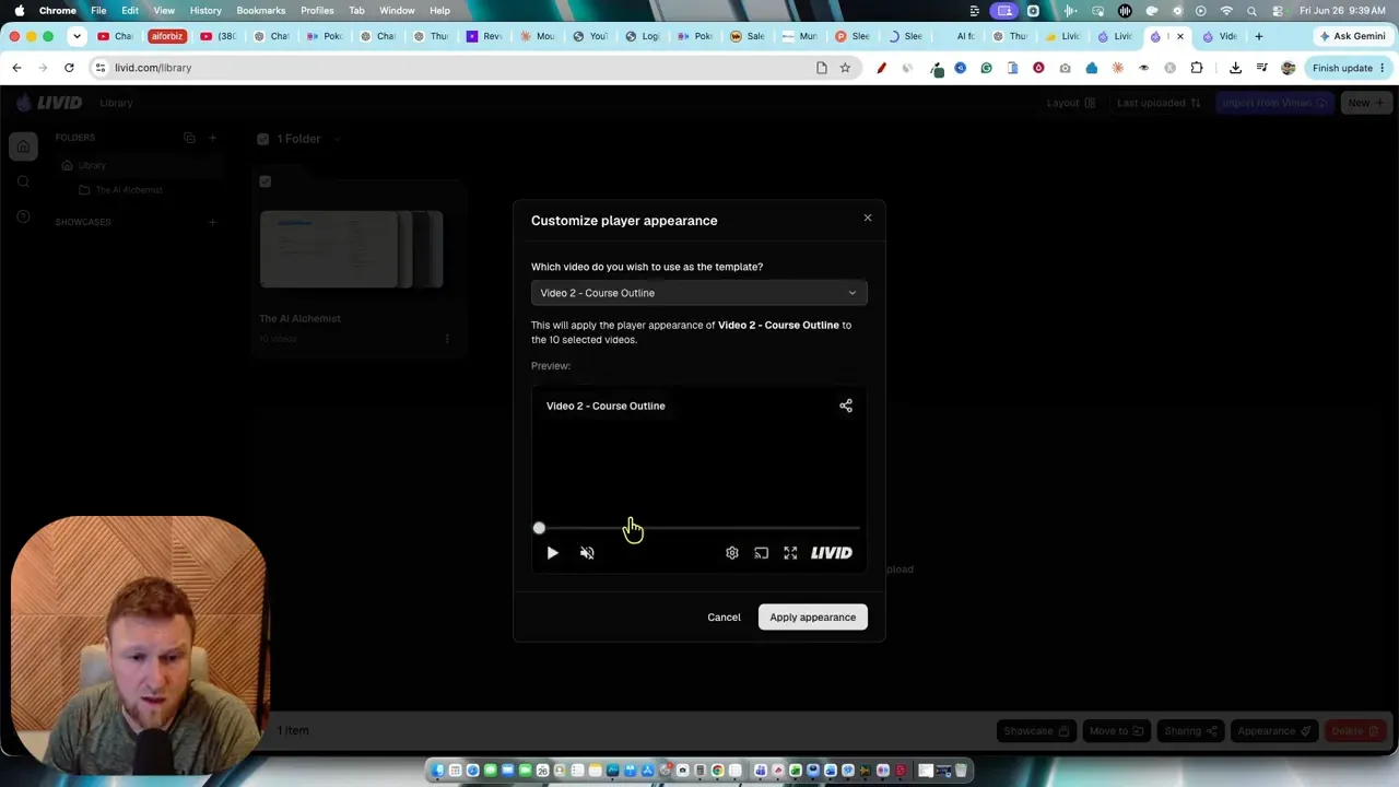 Appearance template dialog preview showing one video style being applied to other videos