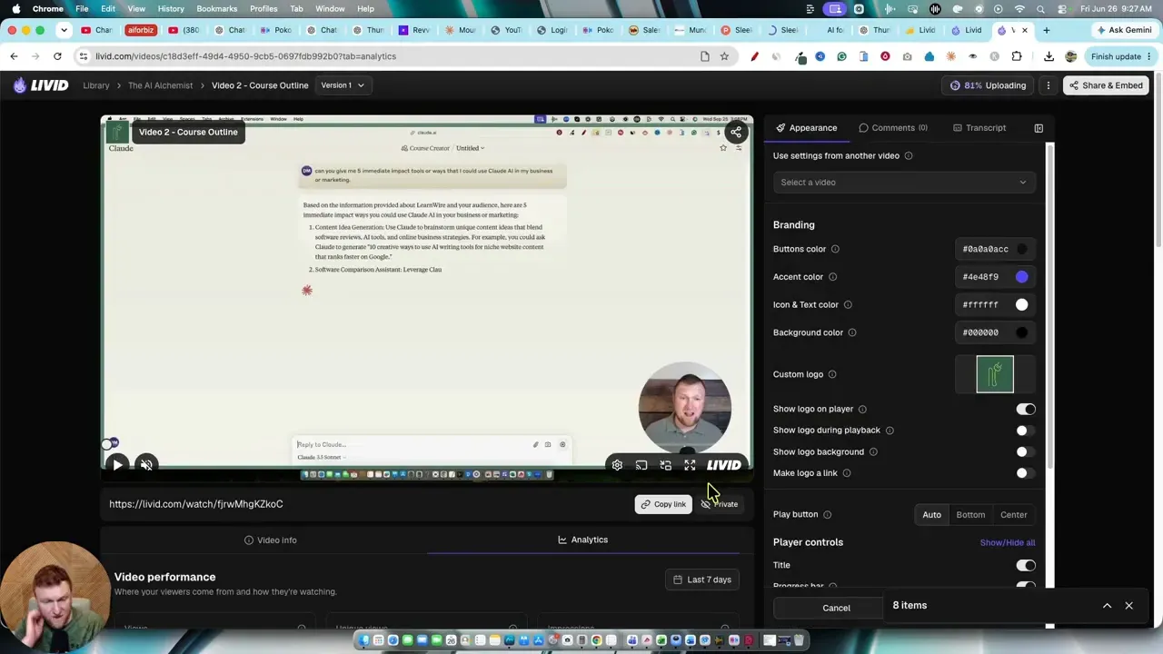 Video settings panel showing player customization options and a video preview