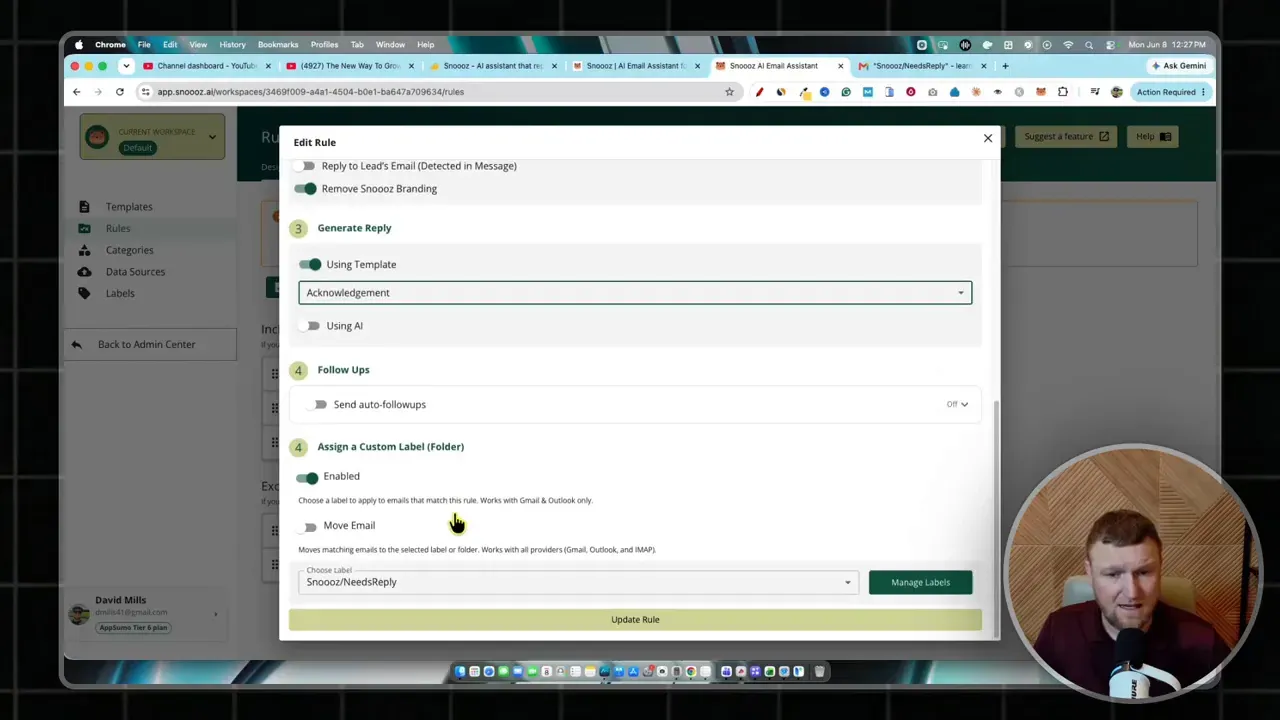 Snoooz rule editor with category settings action options and prompt fields